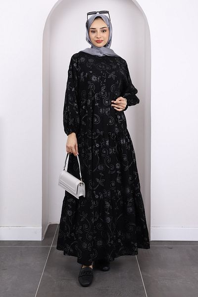 İmajButik Μαύρο μοτίβο με μισό κουμπί μανίκι ελαστικό φόρεμα