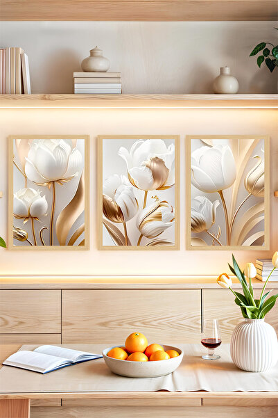 kutuTR 🌿 Altın Beyaz Zarafeti – 3'lü Çerçeve Görünümlü Çiçek Tablo Seti 🌟 C...