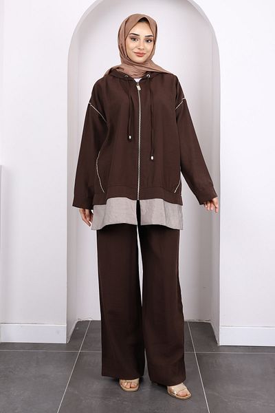 İmajButik Σετ παντελόνι με φερμουάρ καφέ