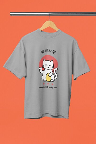 ArtYus TRIUC CU MÂNĂ SCURTĂ CU Gât rotund, cu imprimeu prin transfer, pentru bărbați/femei, HAPPY CAT LUCKY YOU