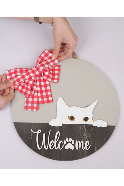 Hilaliart Welcome Wooden Door Ornament with Cat Figure - Wooden Mdf Door with Cat