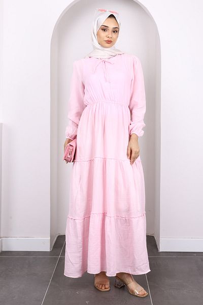 İmajButik Φόρεμα μουσελίνας με πούλιες με ροζ γιακά με δέσιμο