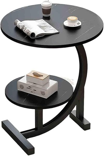 rexa Modern 2-Tier Round Side Table with Faux Marble Tops & Black Metal Base