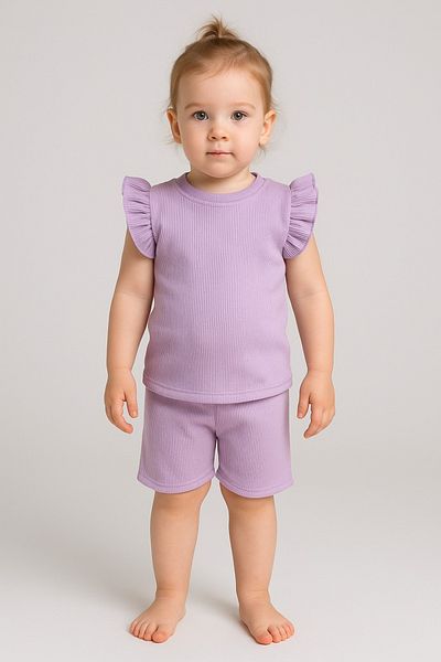 ESES BEBE Baby-Child Ribbed Ruffle T-Shirt Set Bottom-Top Summer Shorts Set