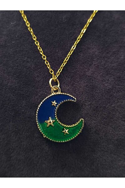 sarıyer silver قلادة من الفولاذ بتصميم نجمة القمر مزدوجة اللون مطلية بالمينا ...