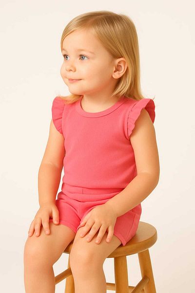 ESES BEBE Baby-Child Ribbed Ruffle T-Shirt Set Bottom-Top Summer Shorts Set