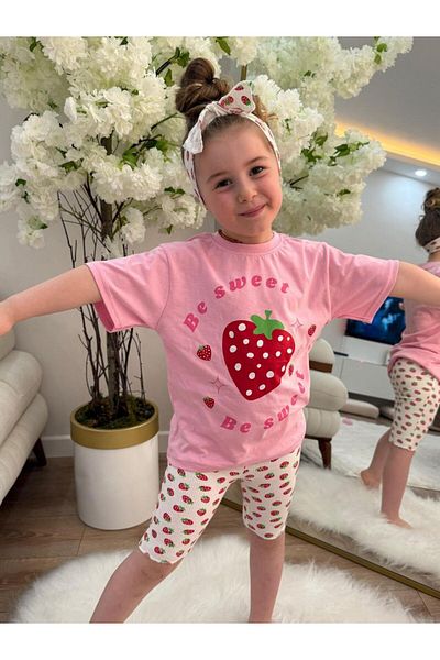 GÖKJOY BUTİK Premium Quality Strawberry Printed Hair Band Included 3-Piece Summer Tights Set
