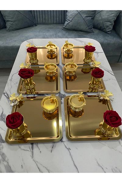 NEWTREND Züccaciye 3 Different Models Gold 6-Piece Steel Square Presentation Tray Gold Rose Bucket (with Roses) Butterfly Macaron Holder