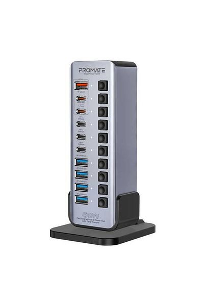 Promate "موزع USB-C متعدد المنافذ 14 في 1 بتصميم على شكل برج يحتوي على ثلاثة منافذ USB-C بسرعة 5 جيجابت
