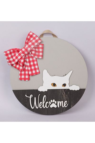 Hilaliart Welcome Wooden Door Ornament with Cat Figure - Wooden Mdf Door with Cat