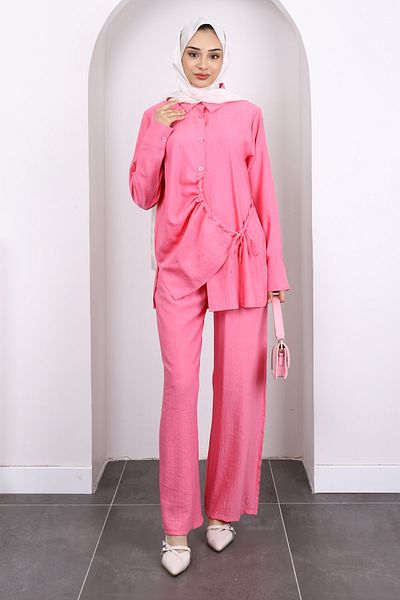 İmajButik Pink Front Tie Tunic Pants Suit