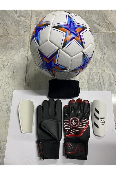 unes 5 No Star Pattern Football Goalkeeper Gloves and Shin Pads Set with Pump Gift