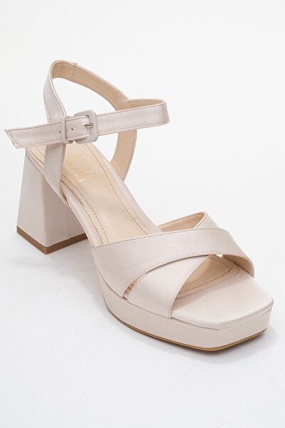 LuviShoes Lisbon Beige Satin Cross Strap Women's Platform Heeled Shoes