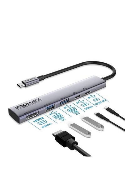 Promate UCB-C 5-in-1 Multiport Hub features two 5Gbps USB-A ports and one USB-C port.