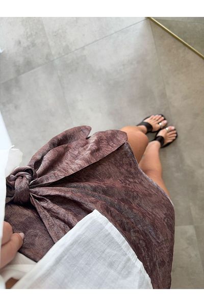 BB Bensu Buyruk Patterned Shiny Satin Brown Tie Skirt
