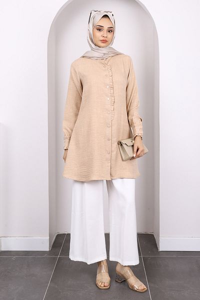 İmajButik Mink Buttoned Ruffle Detailed Tunic