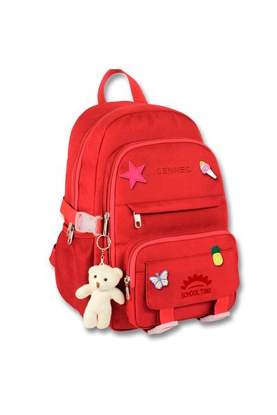 ÜMİT ÇANTA Cennec Korean Style School Backpack with Accessories and Teddy Bear Keychain Gift Red