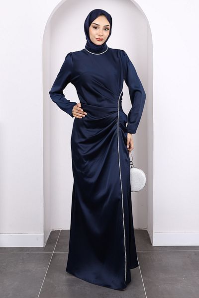 İmajButik Βραδινό φόρεμα σατέν μπλε μπλέ με πέτρες στο μπροστινό μέρος