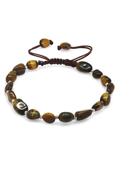 Tesbihane Macrame Braided Natural Cut Tiger Eye Natural Stone Men's Bracelet