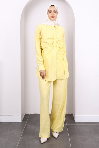 İmajButik Yellow Front Draped Tunic Pants Suit
