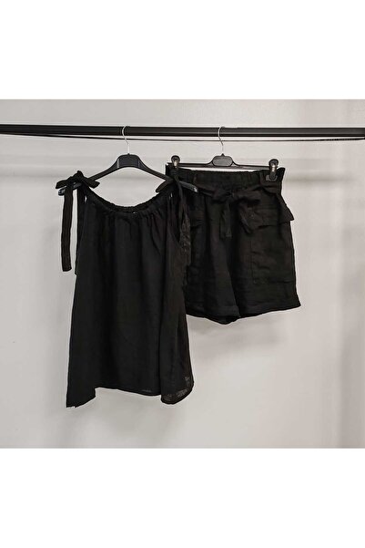 della moor Women's Black Italian Zero Sleeve Shorts Linen Suit