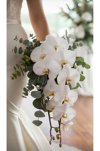 Lotus Hediye Beyaz Orkide Okaliptus Gelin Çiçeği Gelin Buketi