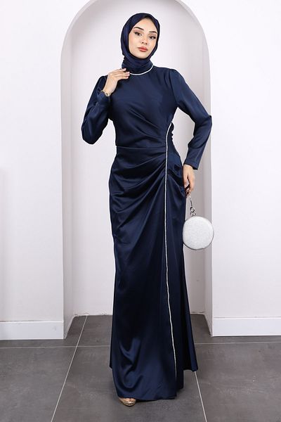 İmajButik Βραδινό φόρεμα σατέν μπλε μπλέ με πέτρες στο μπροστινό μέρος