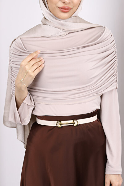 İmajButik Μπεζ μπλούζα με μανίκια με λεπτομέρεια με άμμο