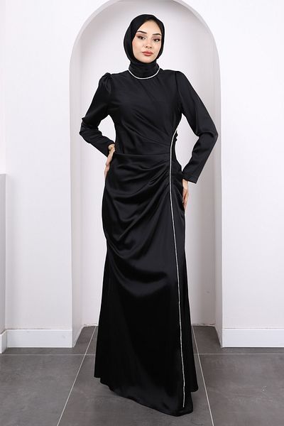 İmajButik Μαύρο βραδινό φόρεμα με σατέν μπροστινό μέρος