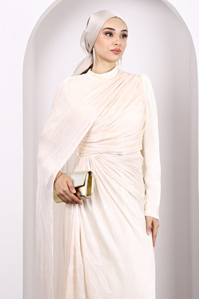 İmajButik Beige Chiffon Evening Dress with Draped Front