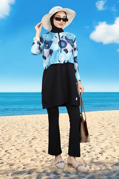 İmajButik Blue Patterned Triple Hijab Swimsuit Set