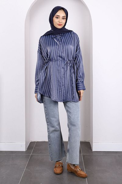 İmajButik Navy Blue Striped Front Buttoned Tunic