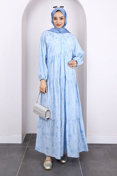 İmajButik Φόρεμα με μπλε πάγο με μοτίβο με μισό κουμπί μανίκι ελαστικό