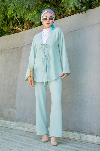 Tesettür Çarşım Mira Crêpe Fabric Tunic Pants Set - Mint