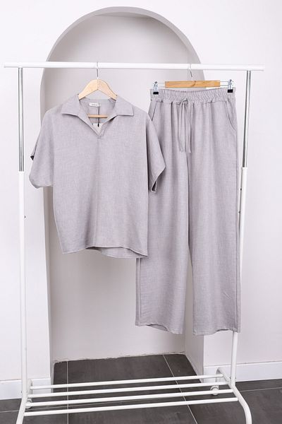 İmajButik Gray Off Shoulder Shirt Pants Linen Suit