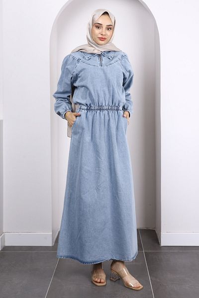 İmajButik Μπλε τζιν φόρεμα με ελαστική τσέπη μέσης