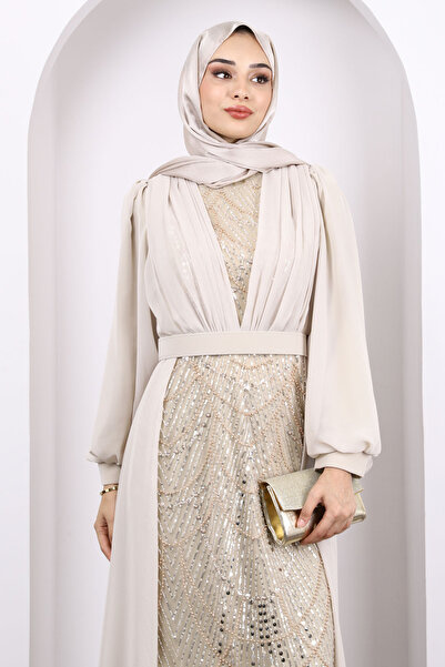 İmajButik Βραδινό φόρεμα σιφόν μπεζ με χάντρες