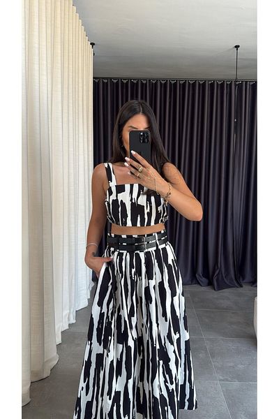 TB Butik Black-White Double Belted Bustier Skirt Suit