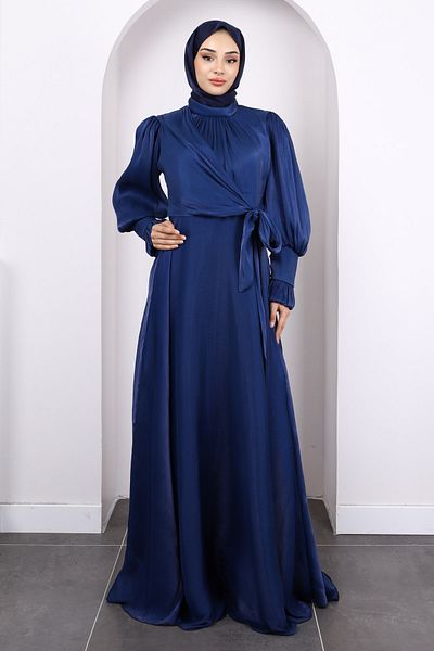 İmajButik Βραδινό φόρεμα με μπλε ναυτικό πλαϊνό δέσιμο