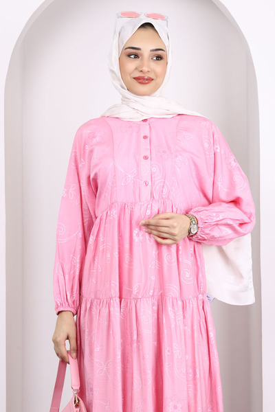 İmajButik Φόρεμα με ροζ σχέδιο με μισό κουμπί μανίκι ελαστικό