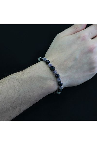 Tesbihane Gray Turtle Eye Metal Combination Globe Cut Natural Stone Bracelet