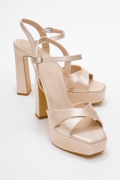 LuviShoes Yuli̇a Beige Satin Cross Strap Women's Platform Heeled Shoes