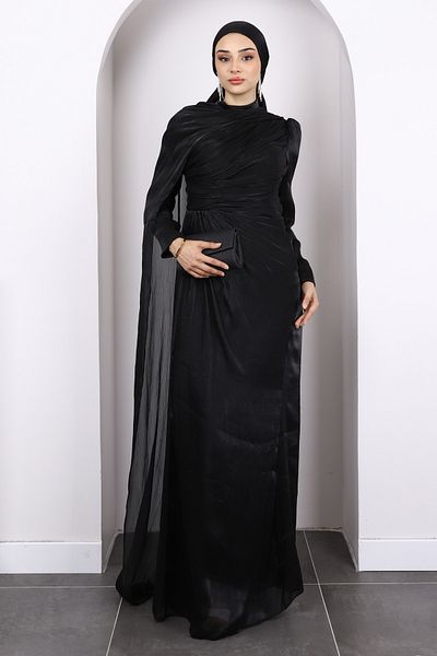 İmajButik Μαύρο βραδινό φόρεμα σιφόν με ντραπέ μπροστά