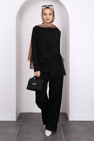İmajButik Black Front Tie Tunic Trouser Suit