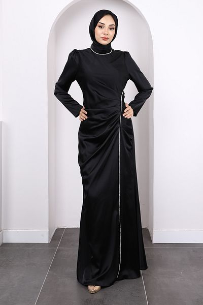 İmajButik Μαύρο βραδινό φόρεμα με σατέν μπροστινό μέρος