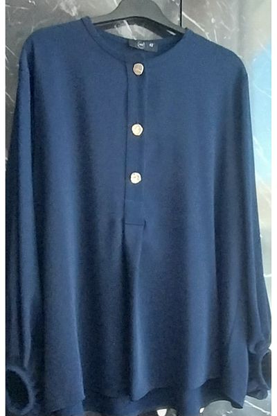 Dagü Design Women's Navy Blue Crepe Tunic Shirt with Gold Buttons