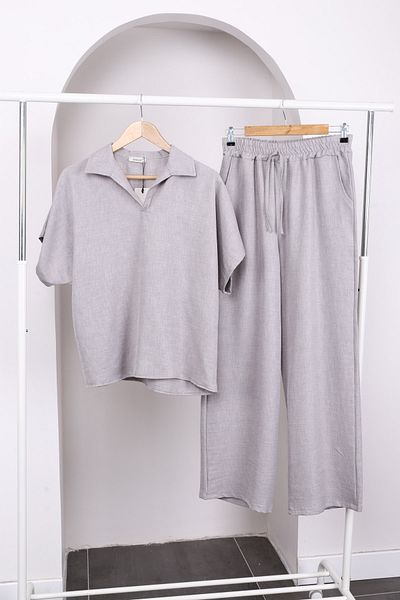 İmajButik Gray Off Shoulder Shirt Pants Linen Suit