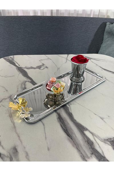 NEWTREND Züccaciye 3 Different Models Silver 6-Piece Steel Baton Presentation Tray Silver Rose Bucket (with Roses) Butterfly Macaron Holder