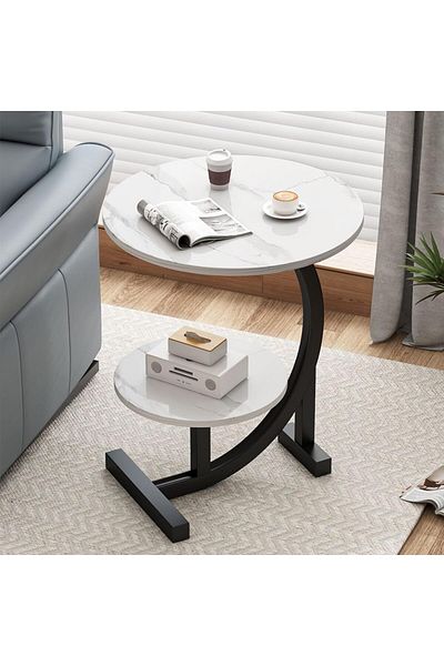 rexa Modern 2-Tier Round Side Table with Faux Marble Tops & Black Metal Base