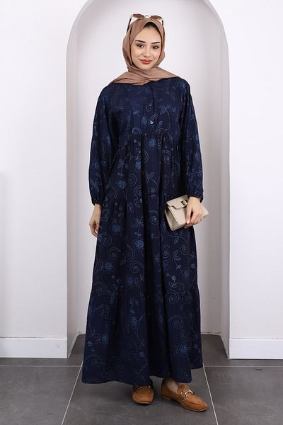 İmajButik Μπλε ναυτικό μοτίβο με μισό κουμπί μανίκι ελαστικό φόρεμα